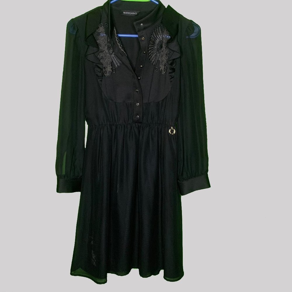 PROM - MANGANO Designer Italian  Black Dress. Flowy, sheer sleeves. Sz EU 40 US…